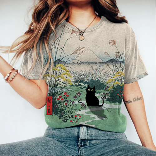 Vintage Japanese Art Floral Cat Round Neck Casual T-Shirt