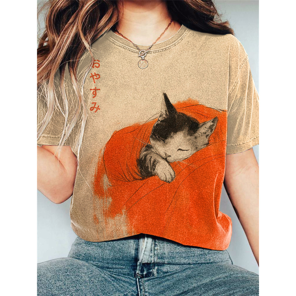 Vintage Japanese Cat Printed Casual T-Shirt