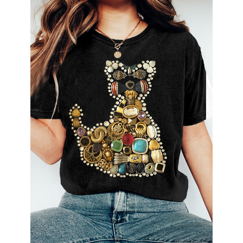 Vintage Jeweled Cat Art Crew Neck Cozy T Shirt