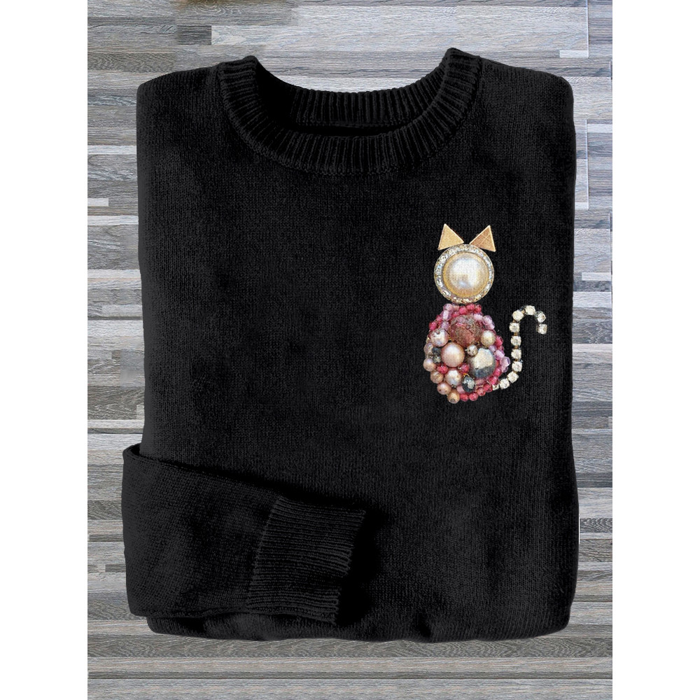 Vintage Jewelry Cat Art Crew Neck Comfy Sweater
