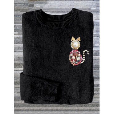 Vintage Jewelry Cat Art Crew Neck Comfy Sweater
