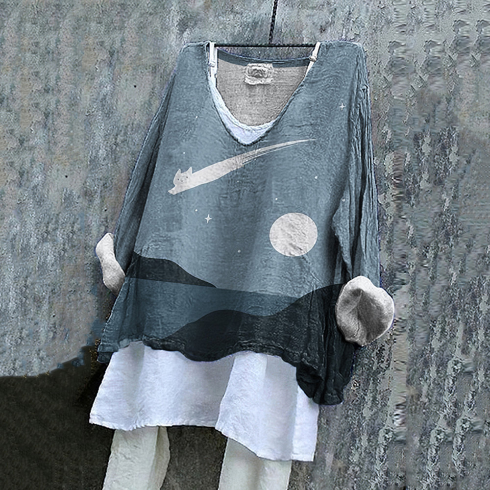 Vintage Loose Cat Landscape Print V-Neck Shirt