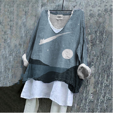 Vintage Loose Cat Landscape Print V-Neck Shirt