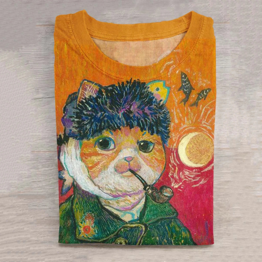 Vintage Van Gogh Cat Art Print Long Sleeve T-Shirt