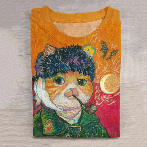 Vintage Van Gogh Cat Art Print Long Sleeve T-Shirt