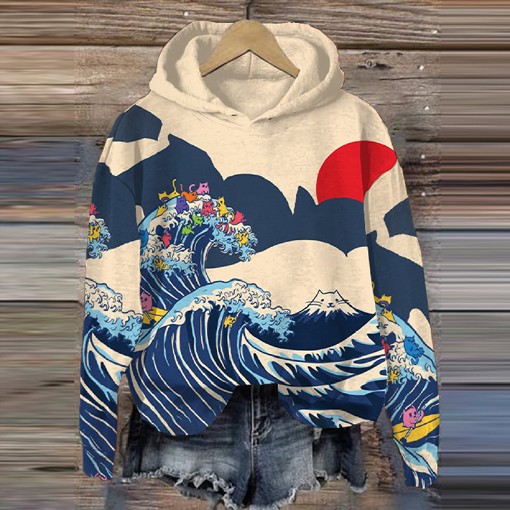 Vintage Wave Cat Print Long Sleeve Casual Hoodie