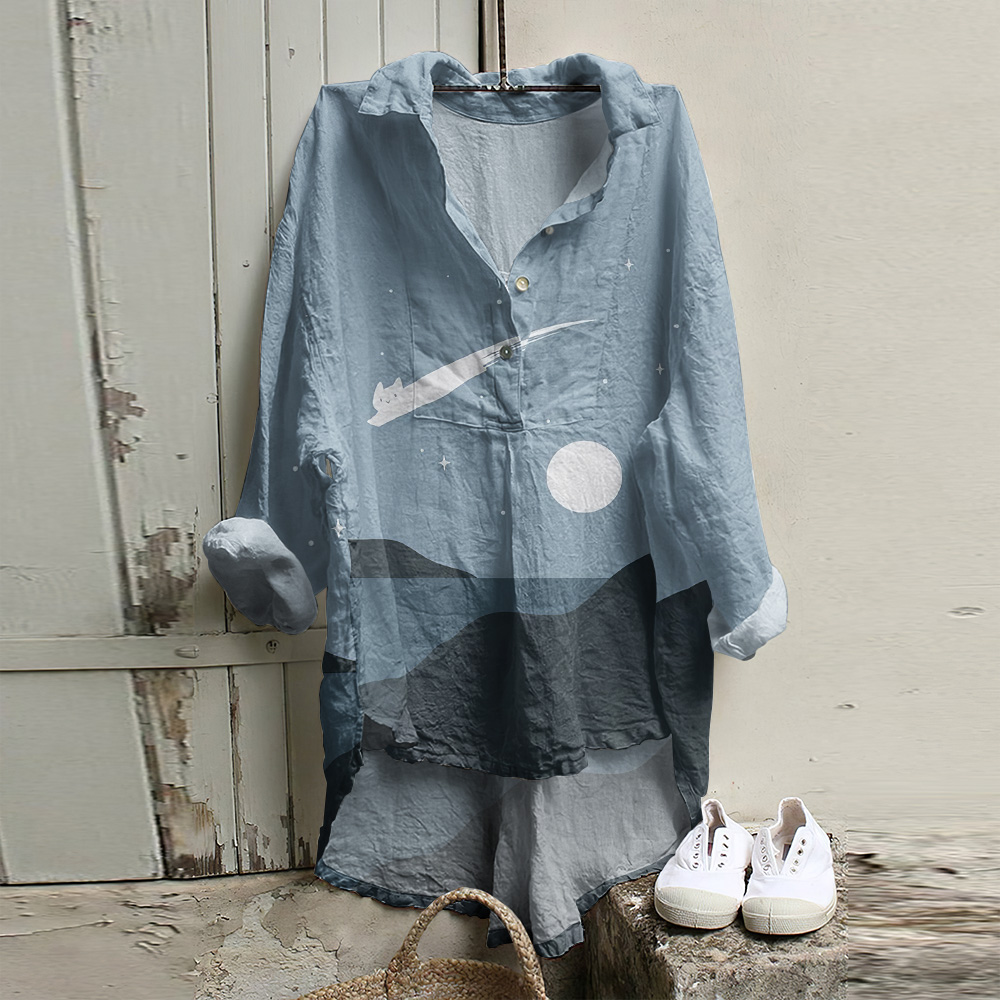 Vintage Women's Asymmetrical Japanese Art Cat Landscape Printed Shirt