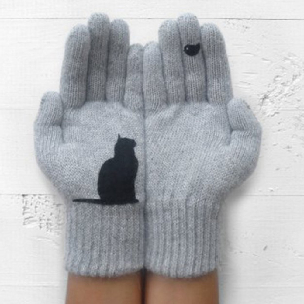 Warm Cat Bird Print Wool Knitted Gloves