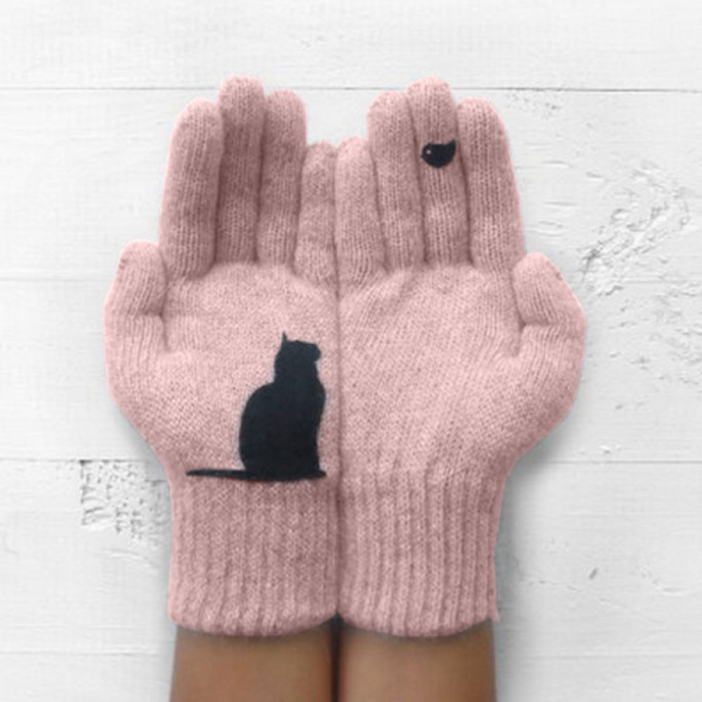 Warm Cat Bird Print Wool Knitted Gloves