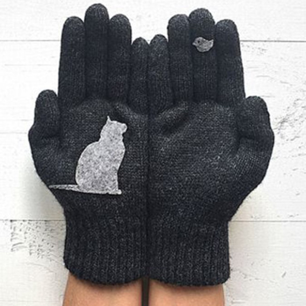 Warm Cat Bird Print Wool Knitted Gloves