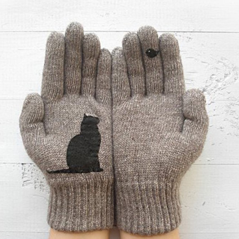 Warm Cat Bird Print Wool Knitted Gloves