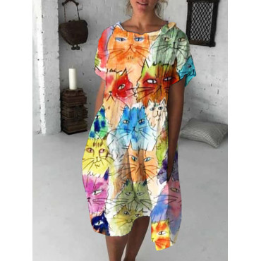 Watercolor Cat Print Midi Dress
