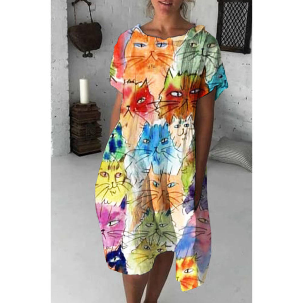 Watercolor Cat Print Midi Dress