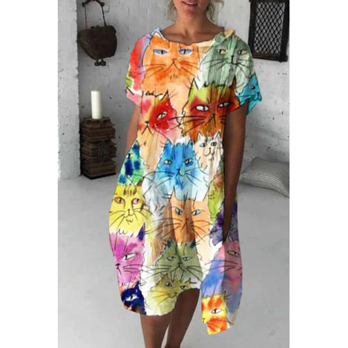 Watercolor Cat Print Midi Dress