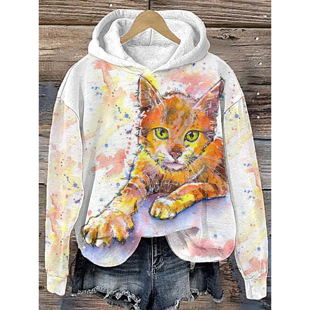 Watercolor Cute Cat Print Casual Cozy Hoodie