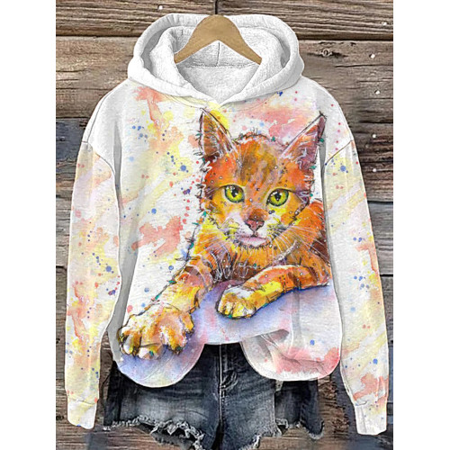Watercolor Cute Cat Print Casual Cozy Hoodie