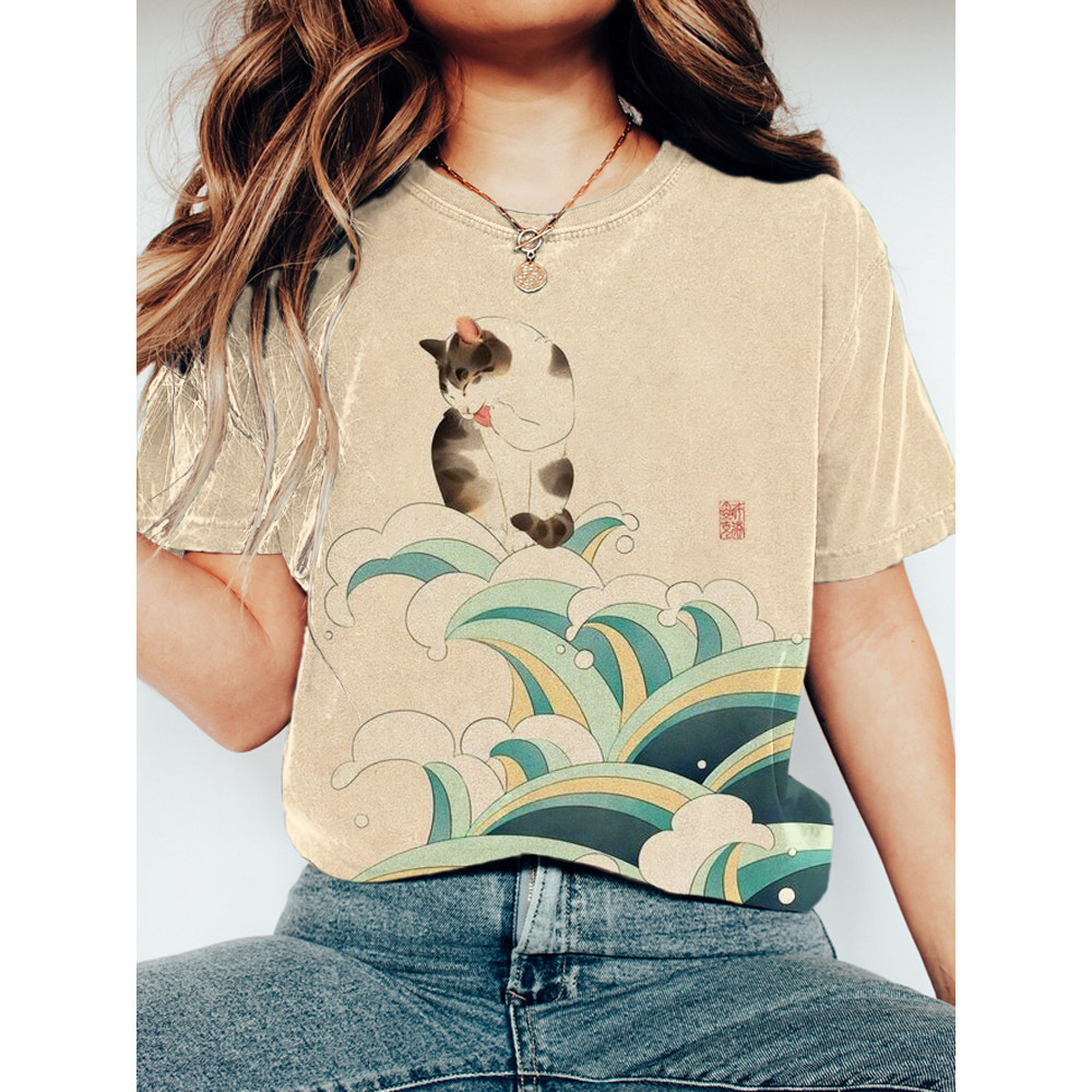 Wave & Cat Print Women's Short Sleeve T-Shirt
