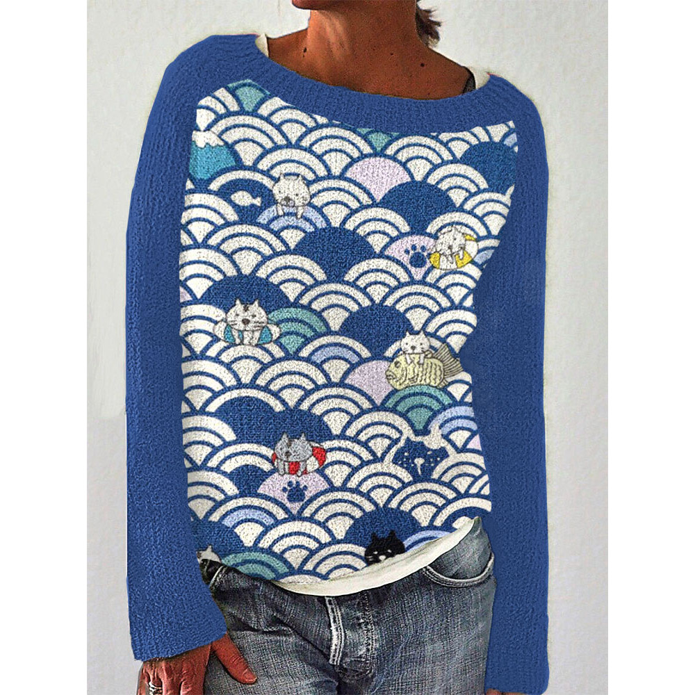Waves & Cats Japanese Art Print Cozy Sweater