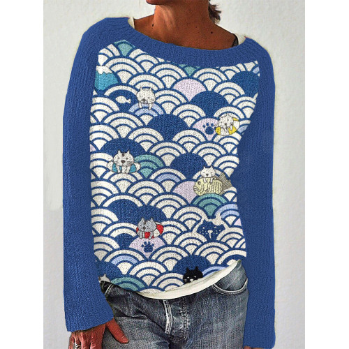 Waves & Cats Japanese Art Print Cozy Sweater
