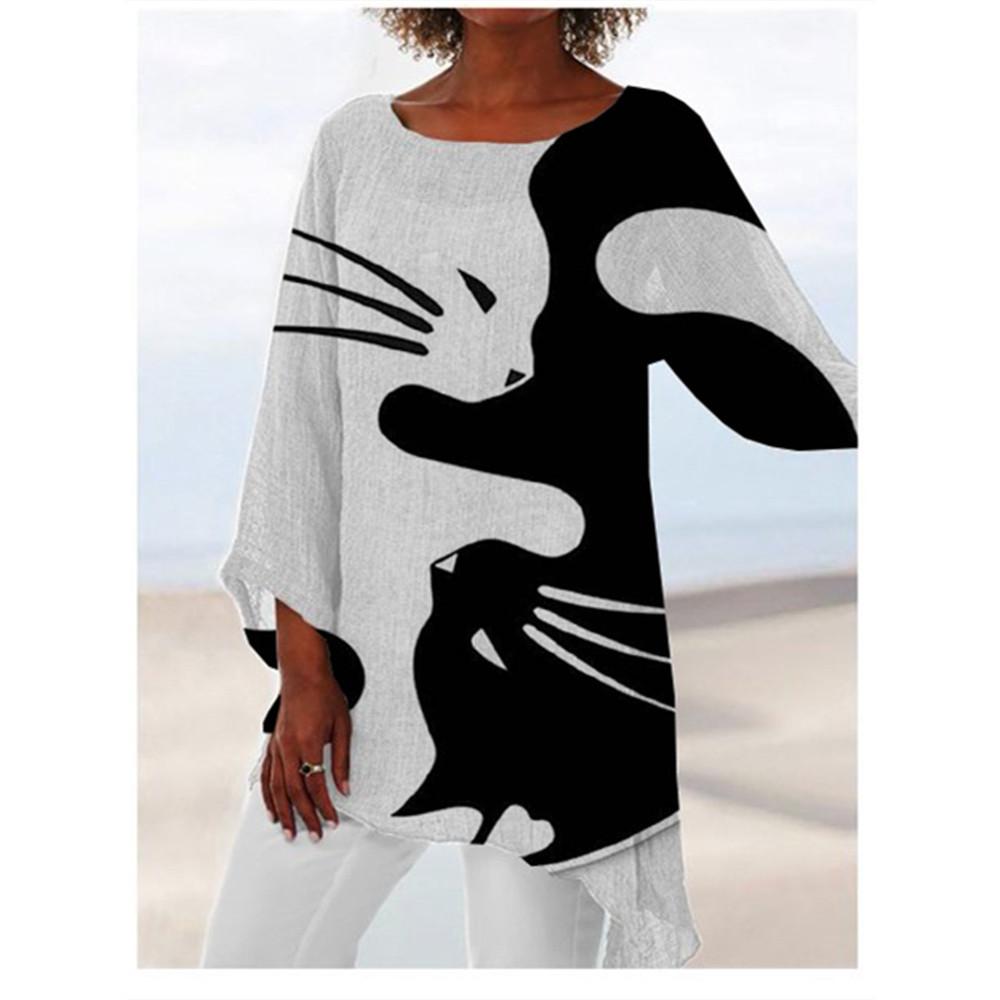 White And Black Cats Print Flowy Tunic