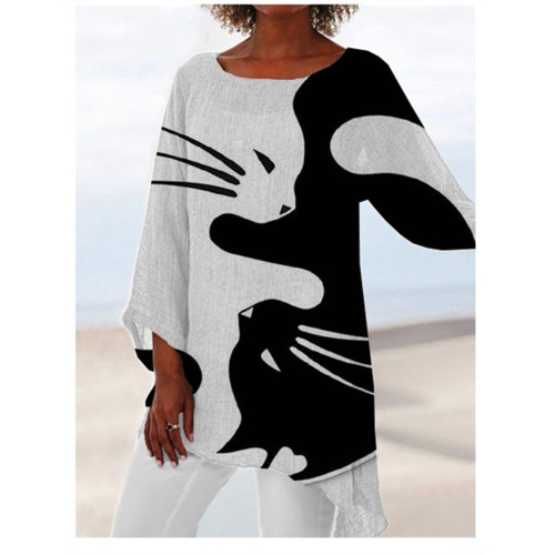 White And Black Cats Print Flowy Tunic