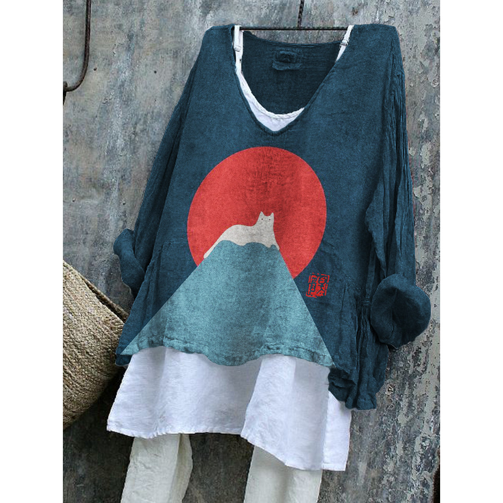White Cat Snow on Mount Fuji Flowy Linen Blend Tunic