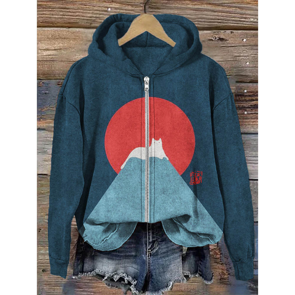 White Cat Snow on Mount Fuji Full Zip Hoodie