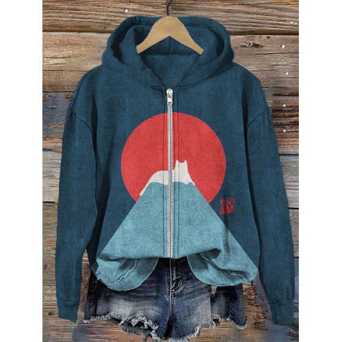 White Cat Snow on Mount Fuji Full Zip Hoodie
