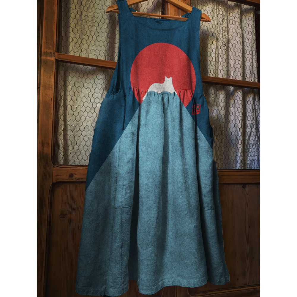 White Cat Snow on Mount Fuji Linen Blend Pinafore Dress