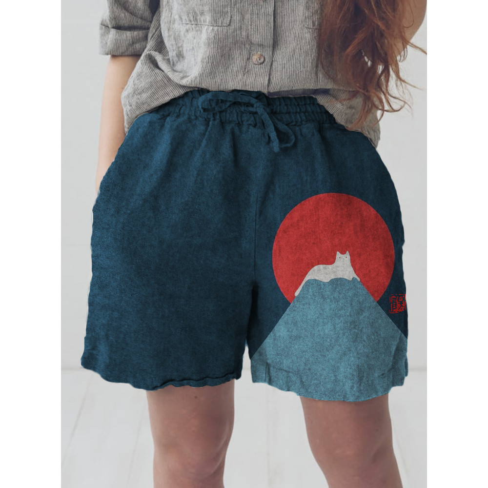White Cat Snow on Mount Fuji Linen Blend Shorts