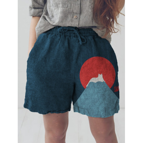 White Cat Snow on Mount Fuji Linen Blend Shorts