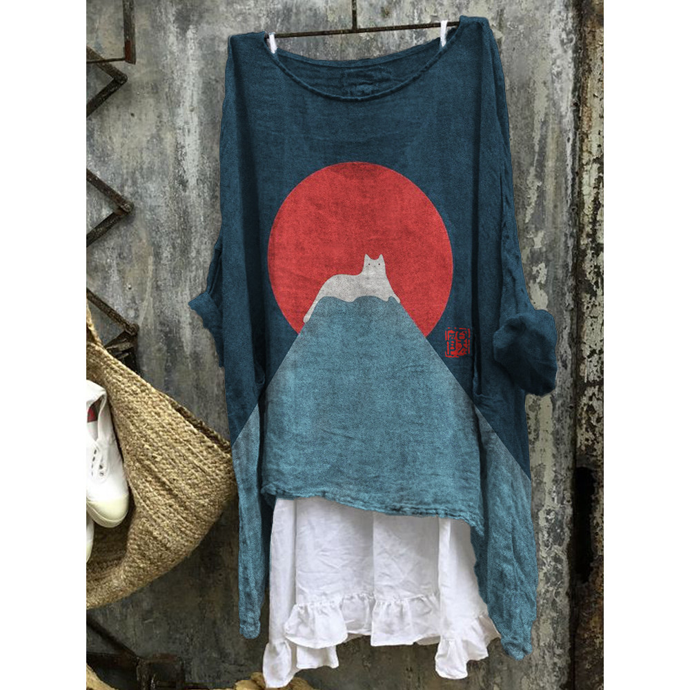 White Cat Snow on Mount Fuji Linen Blend Tunic