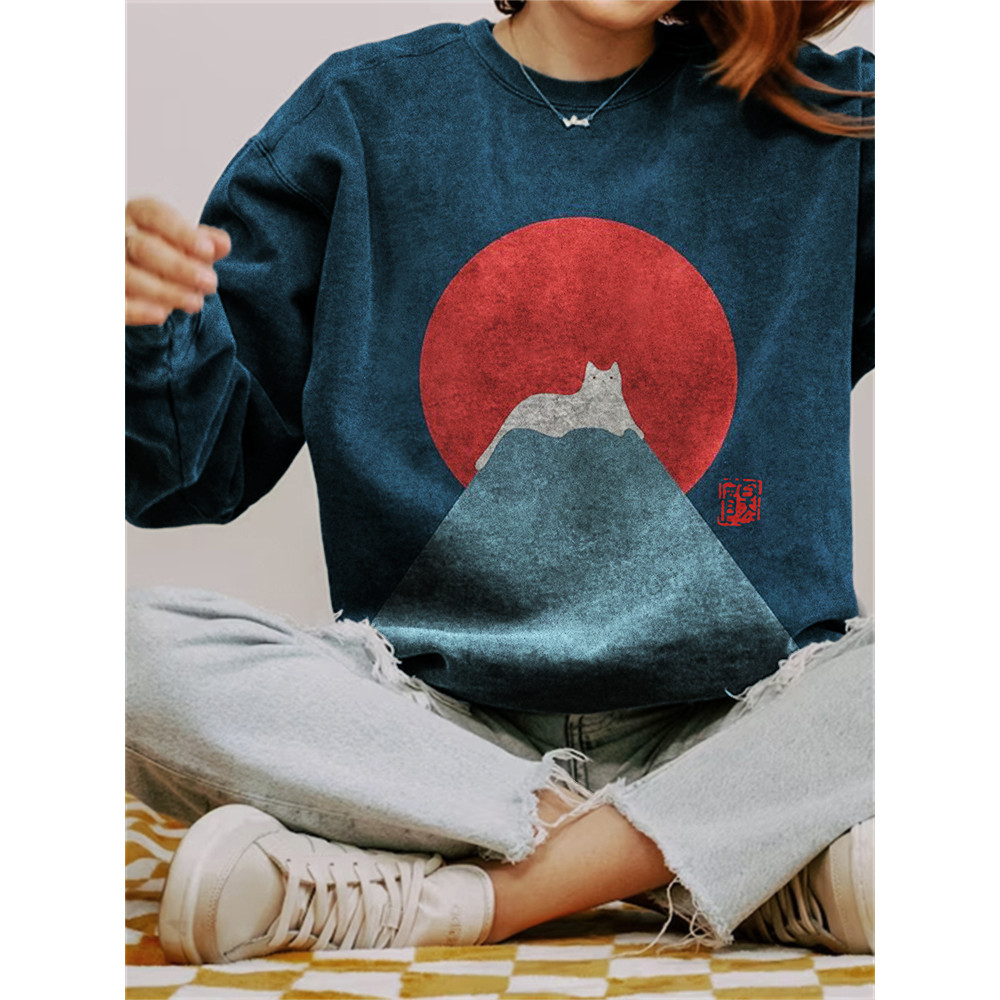 White Cat Snow on Mount Fuji Washed Sweatshirt