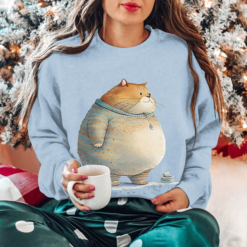 Winter Cat Print Crew Neck Long Sleeve Sweatshirt