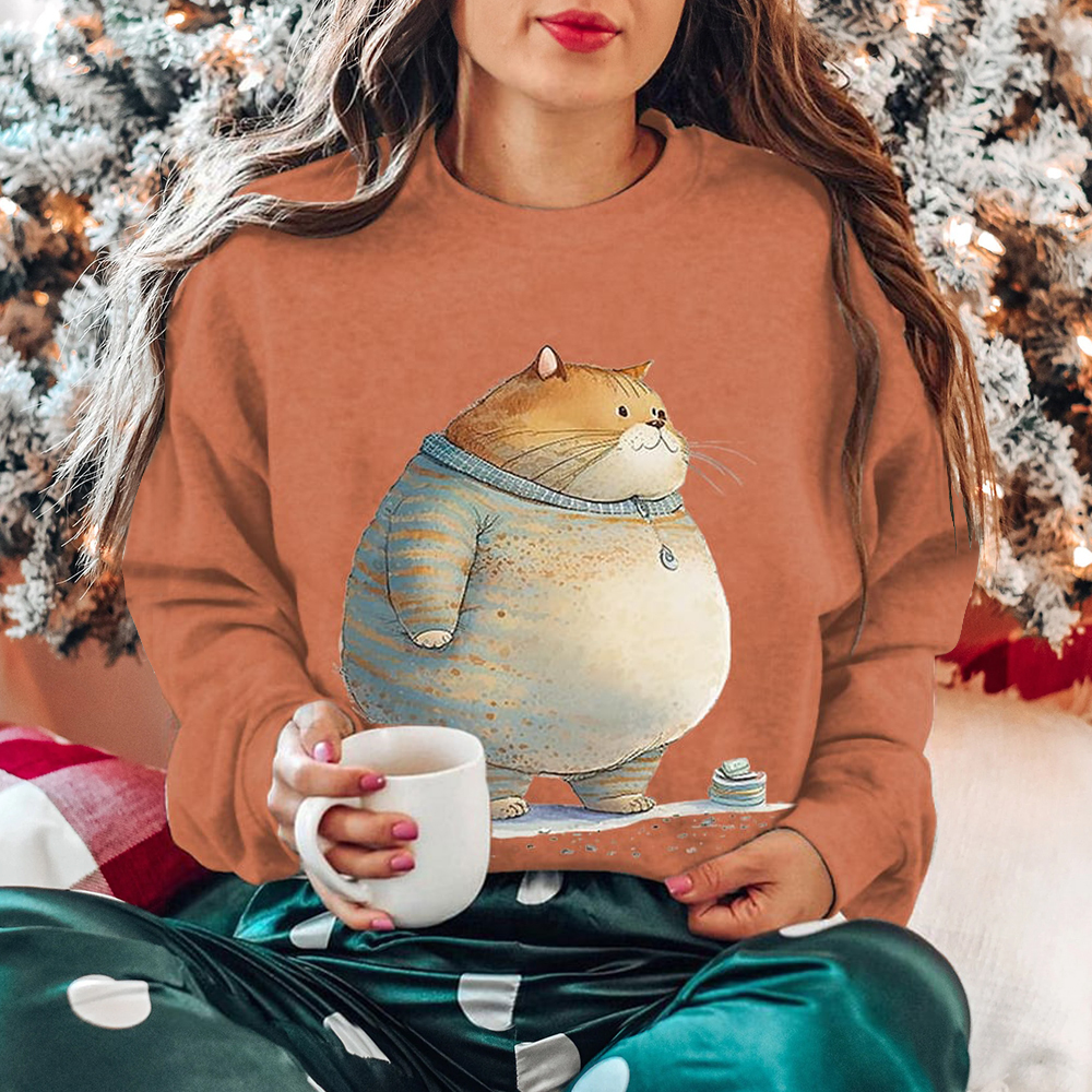 Winter Cat Print Crew Neck Long Sleeve Sweatshirt