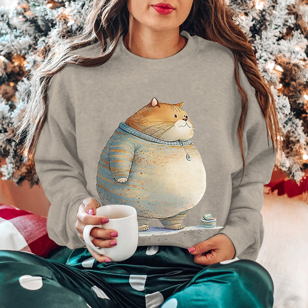 Winter Cat Print Crew Neck Long Sleeve Sweatshirt