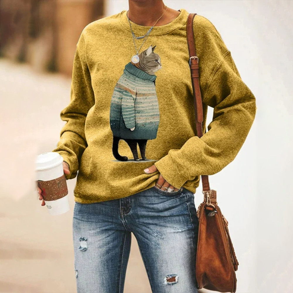 Winter Cat Print Crew Neck Sweatshirt