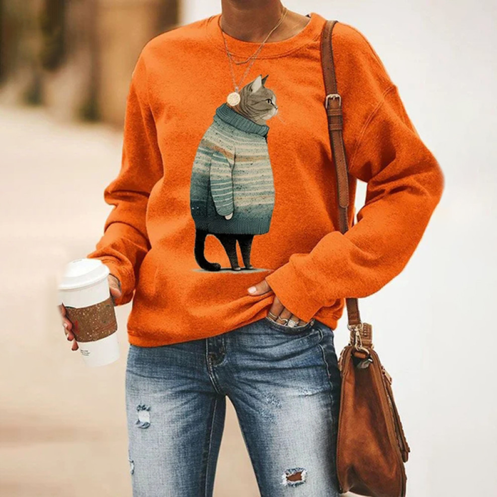 Winter Cat Print Crew Neck Sweatshirt