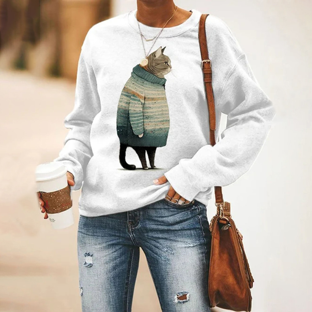 Winter Cat Print Crew Neck Sweatshirt