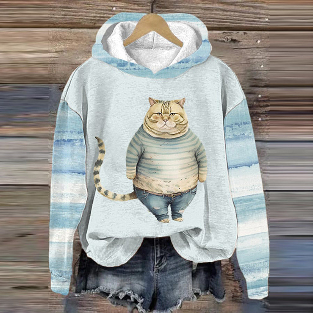 Winter Cat Print Long Sleeve Casual Hoodie