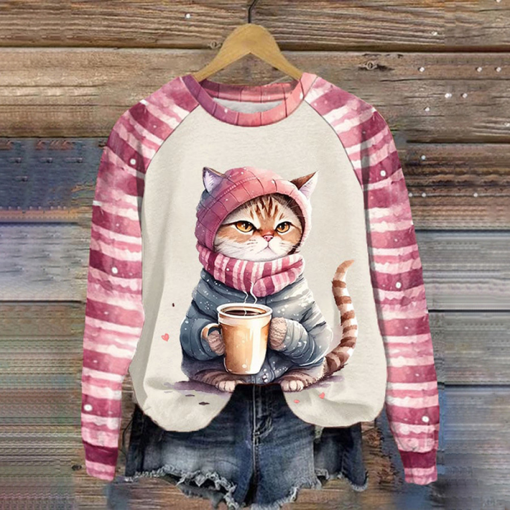 Winter Cute Wonderland Costume Cat Print Crew Neck Sweatshirt