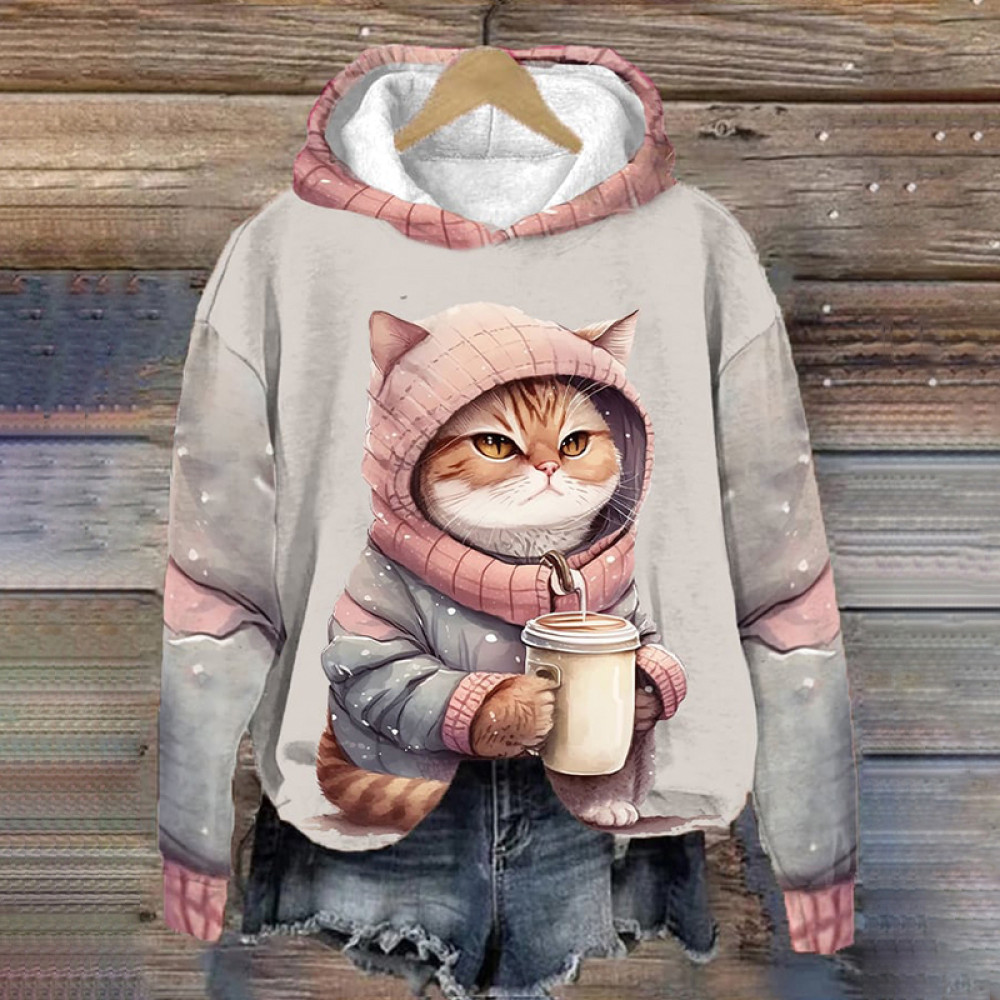 Winter Cute Wonderland Costume Cat Print Long Sleeve Hoodie