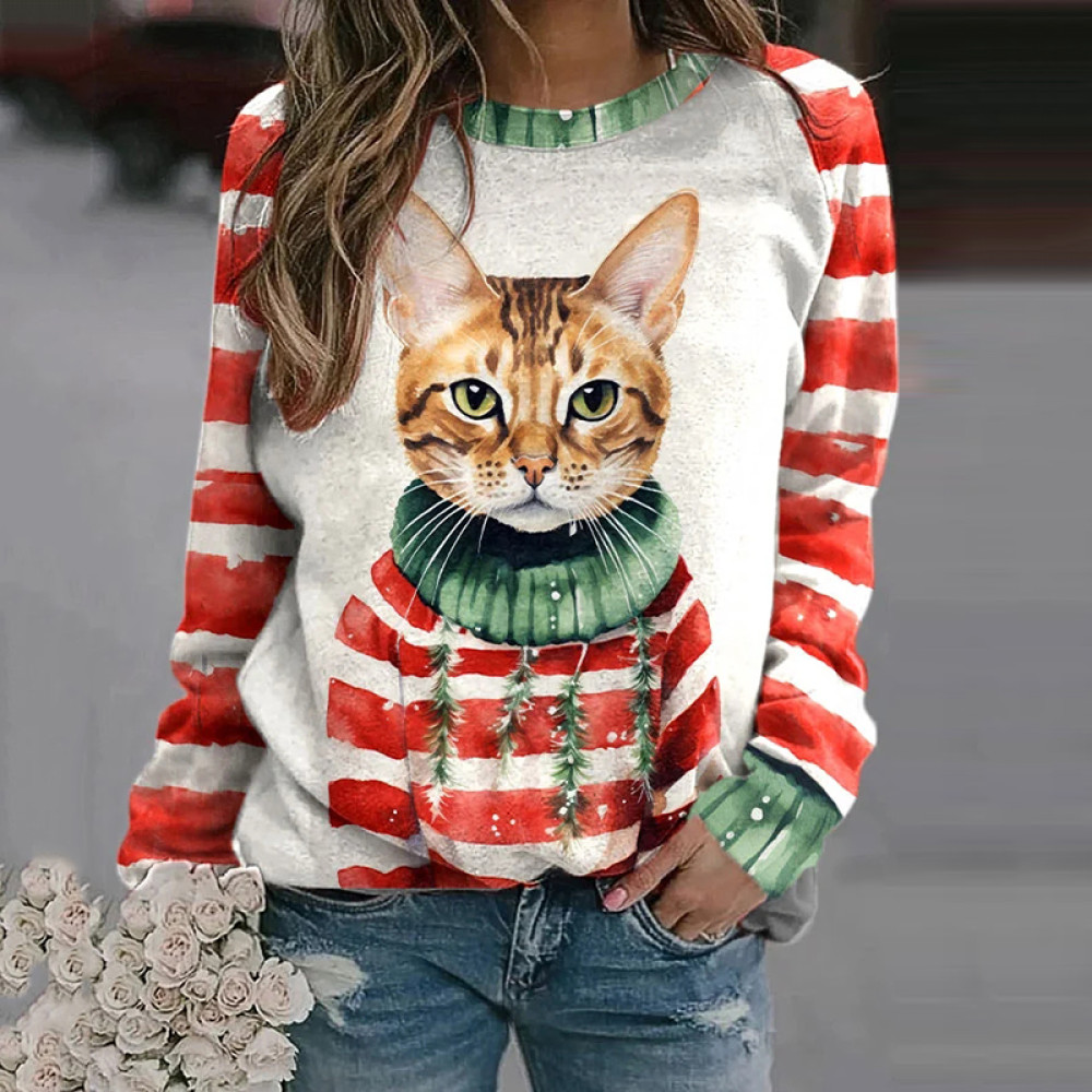 Winter Funny Cute Clipart Cat Stripes Printed Casual Sweatshirt