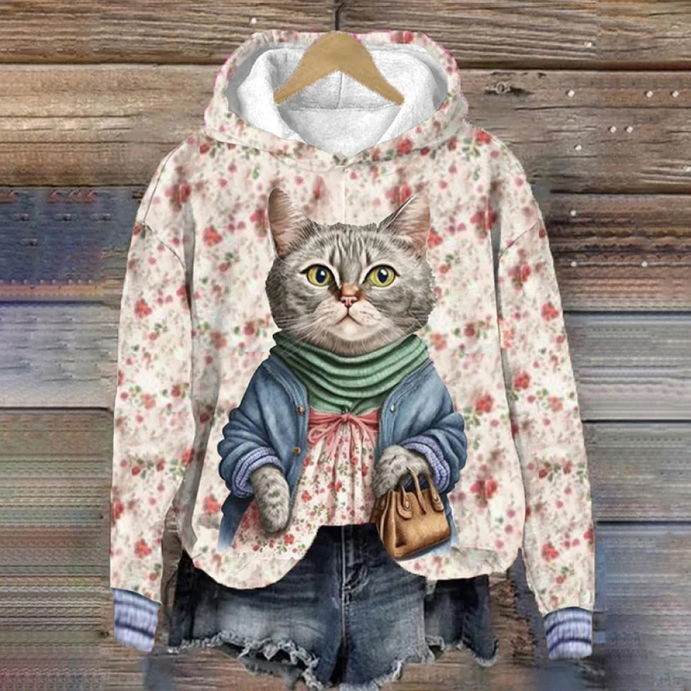 Winter Funny Cute Wonderland Clothing Cat Floral Print Hooded Sweatshirt