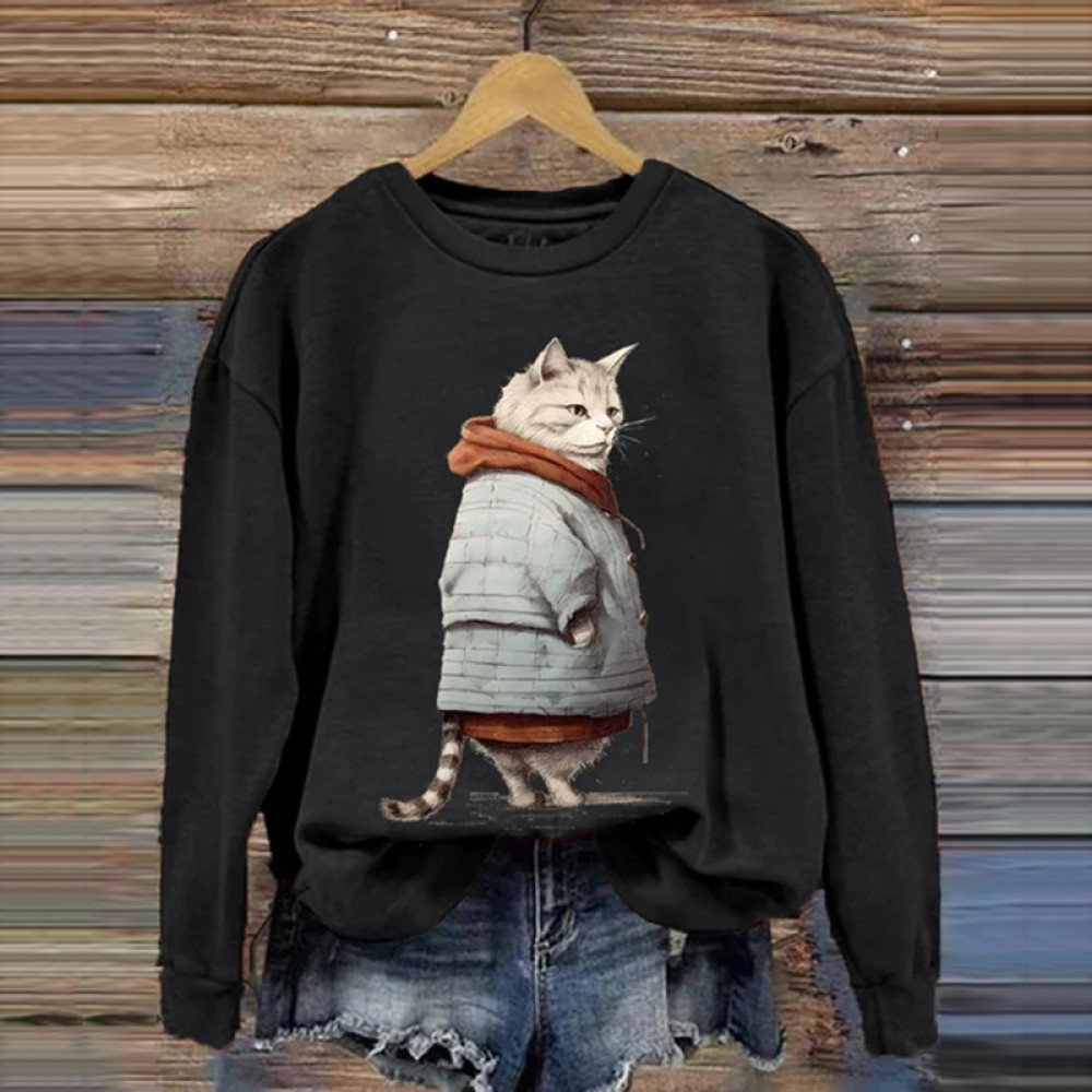 Winter Funny Cute Wonderland Clothing Cat Printed Round Neck Sweatshirt
