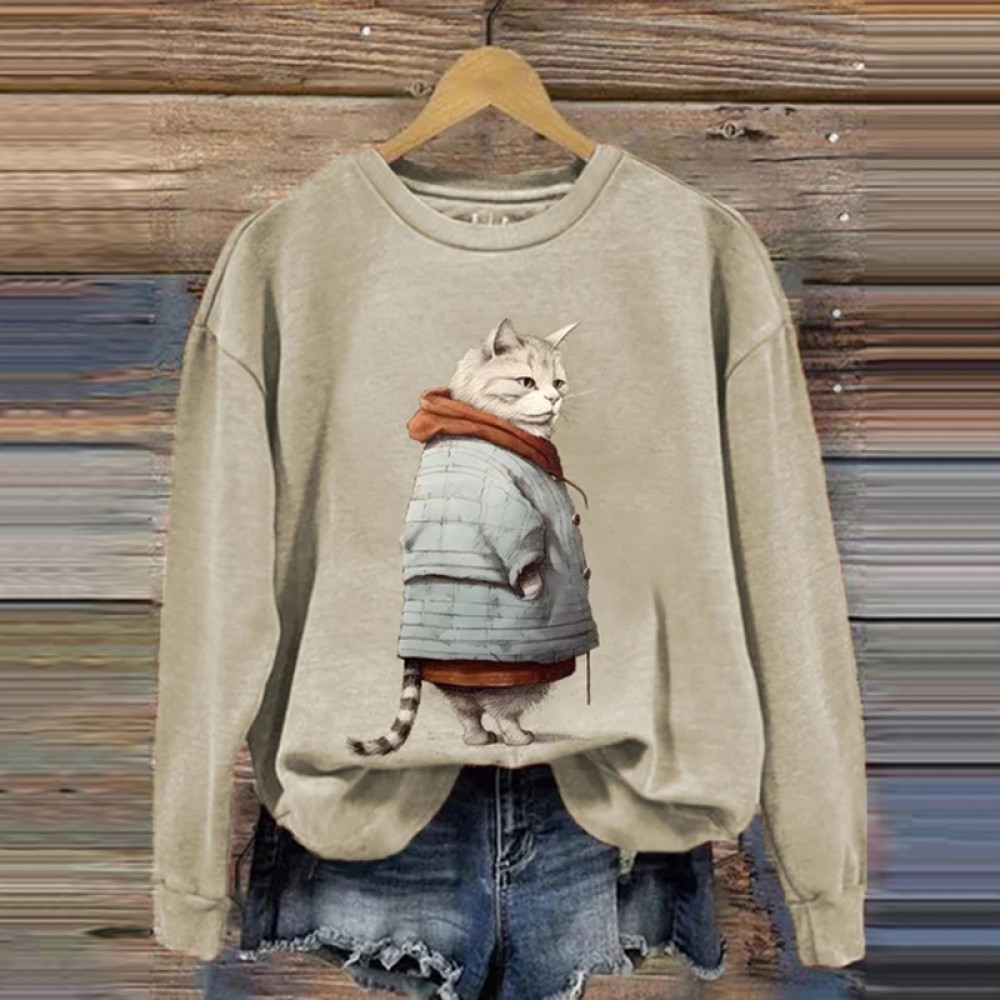 Winter Funny Cute Wonderland Clothing Cat Printed Round Neck Sweatshirt
