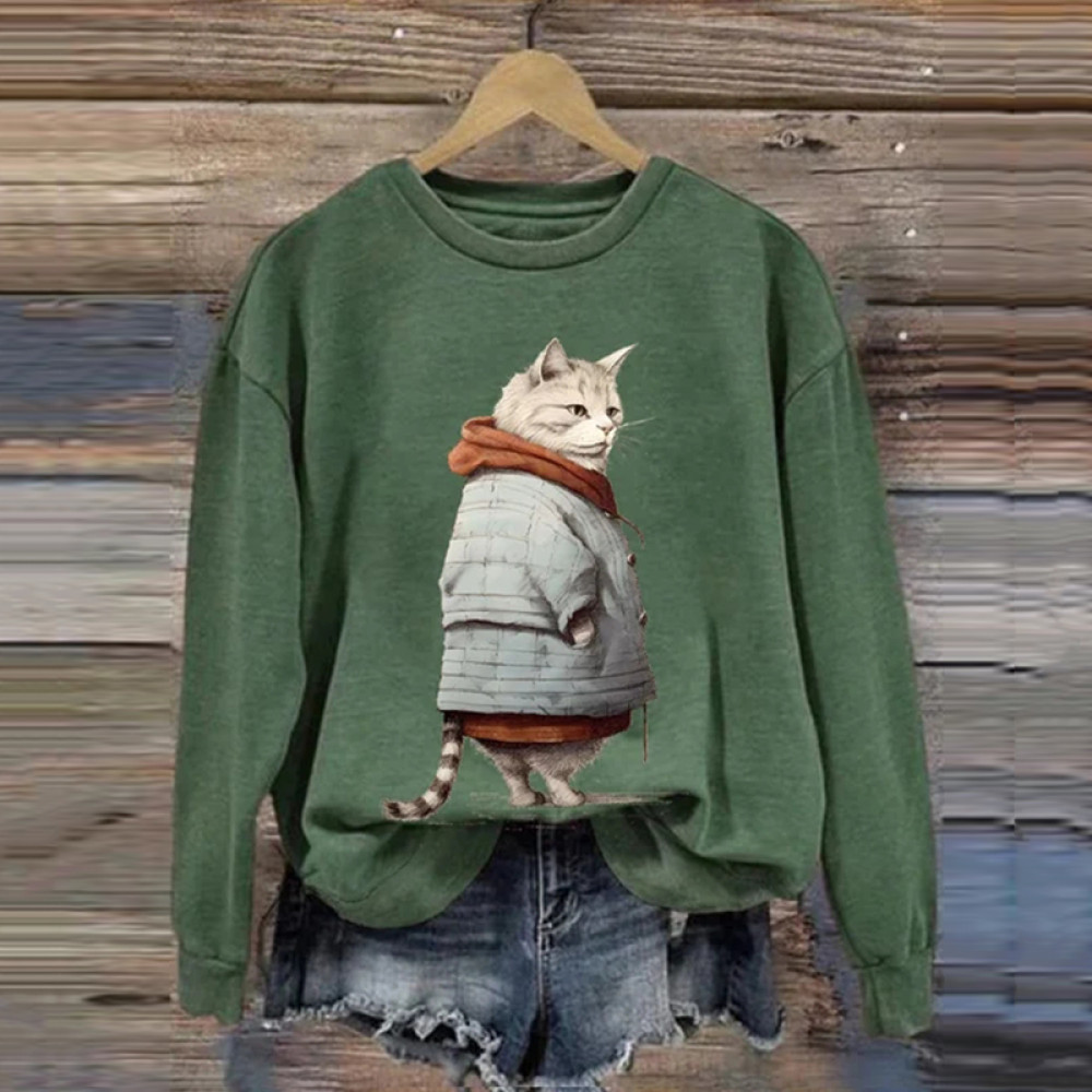 Winter Funny Cute Wonderland Clothing Cat Printed Round Neck Sweatshirt