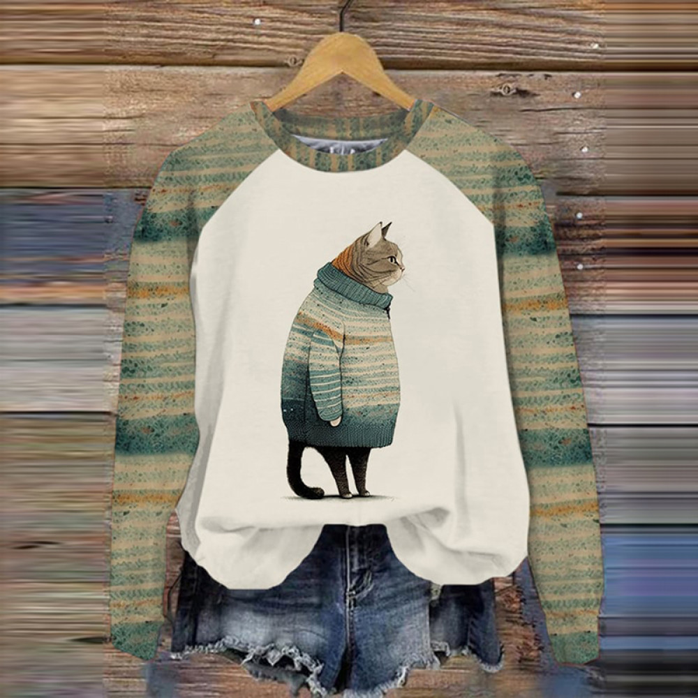 Winter Striped Cat Print Long Sleeve Casual Sweatshirt