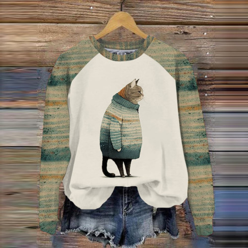 Winter Striped Cat Print Long Sleeve Casual Sweatshirt