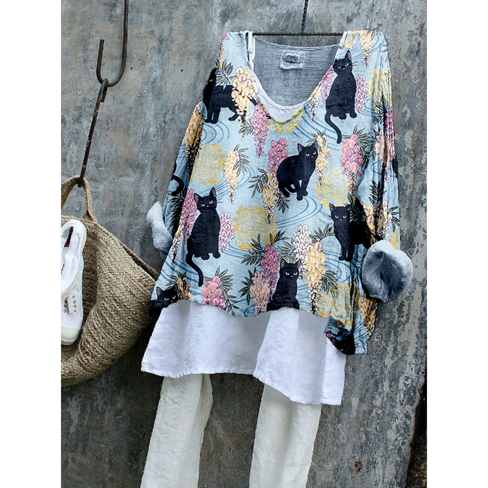 Wisteria Flowers and Black Cats Linen Blend Tunic